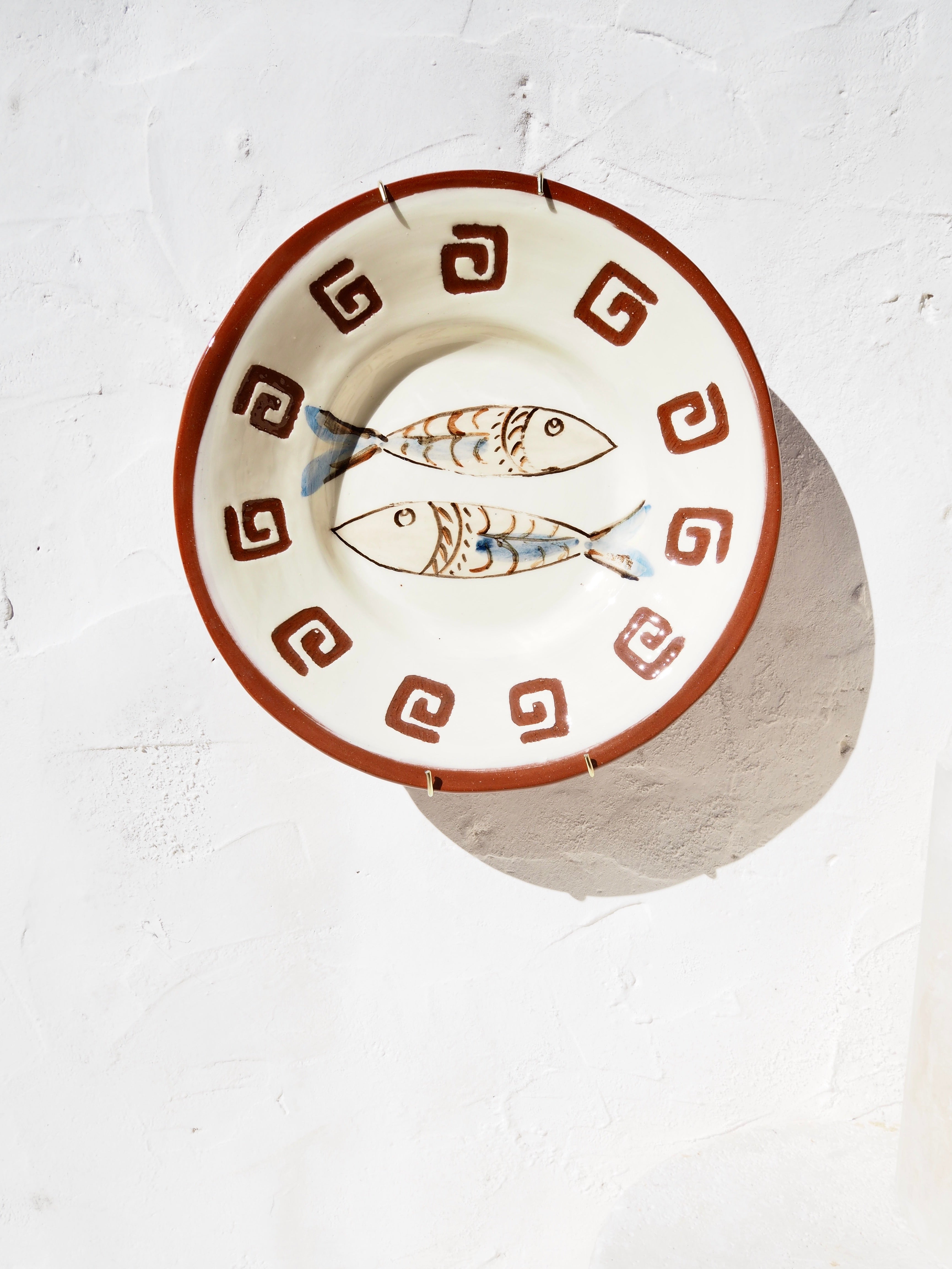Puglia Plate - Carved border detail with fish and brass wall hook