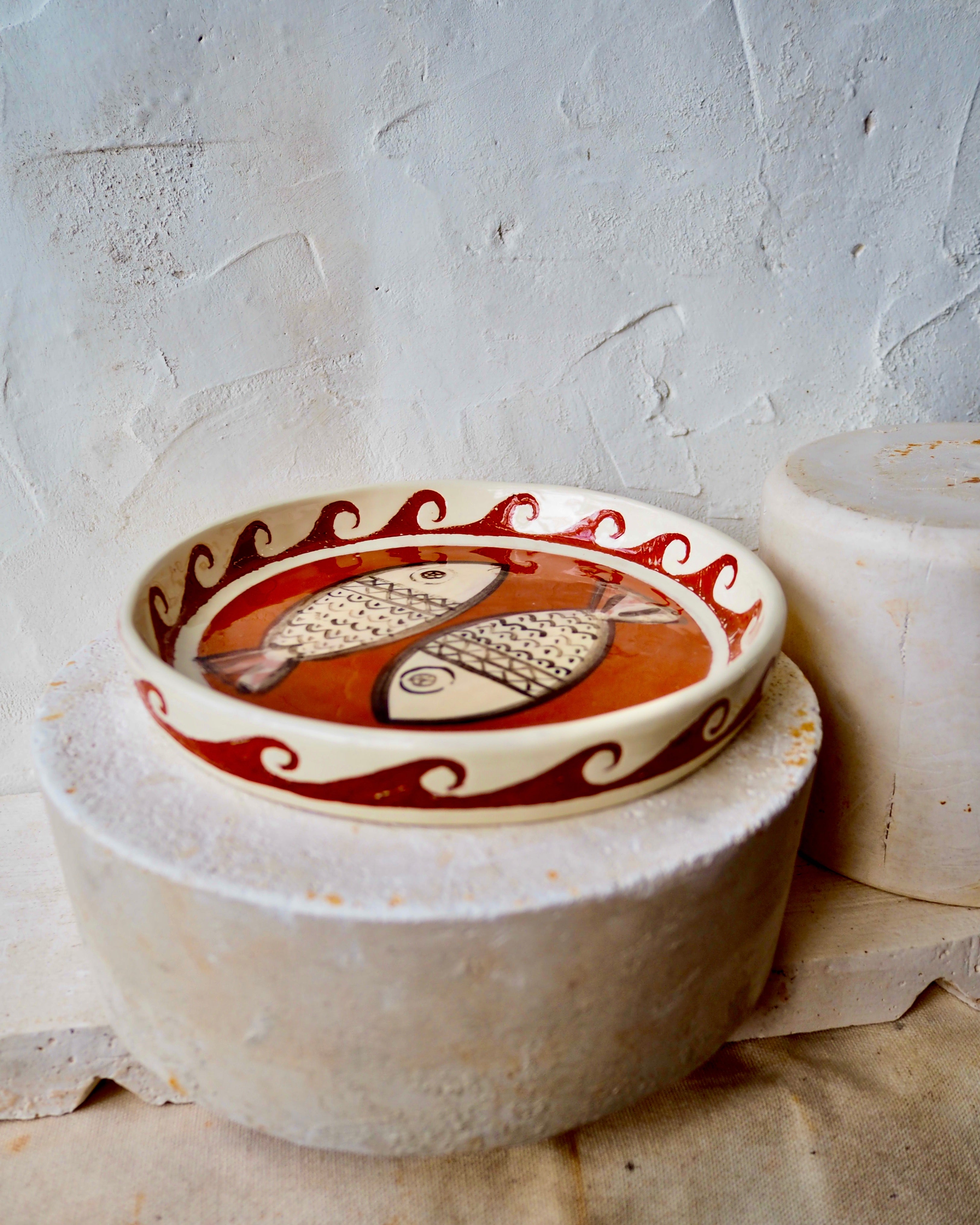 Sardine Plate - Carved wave with fish