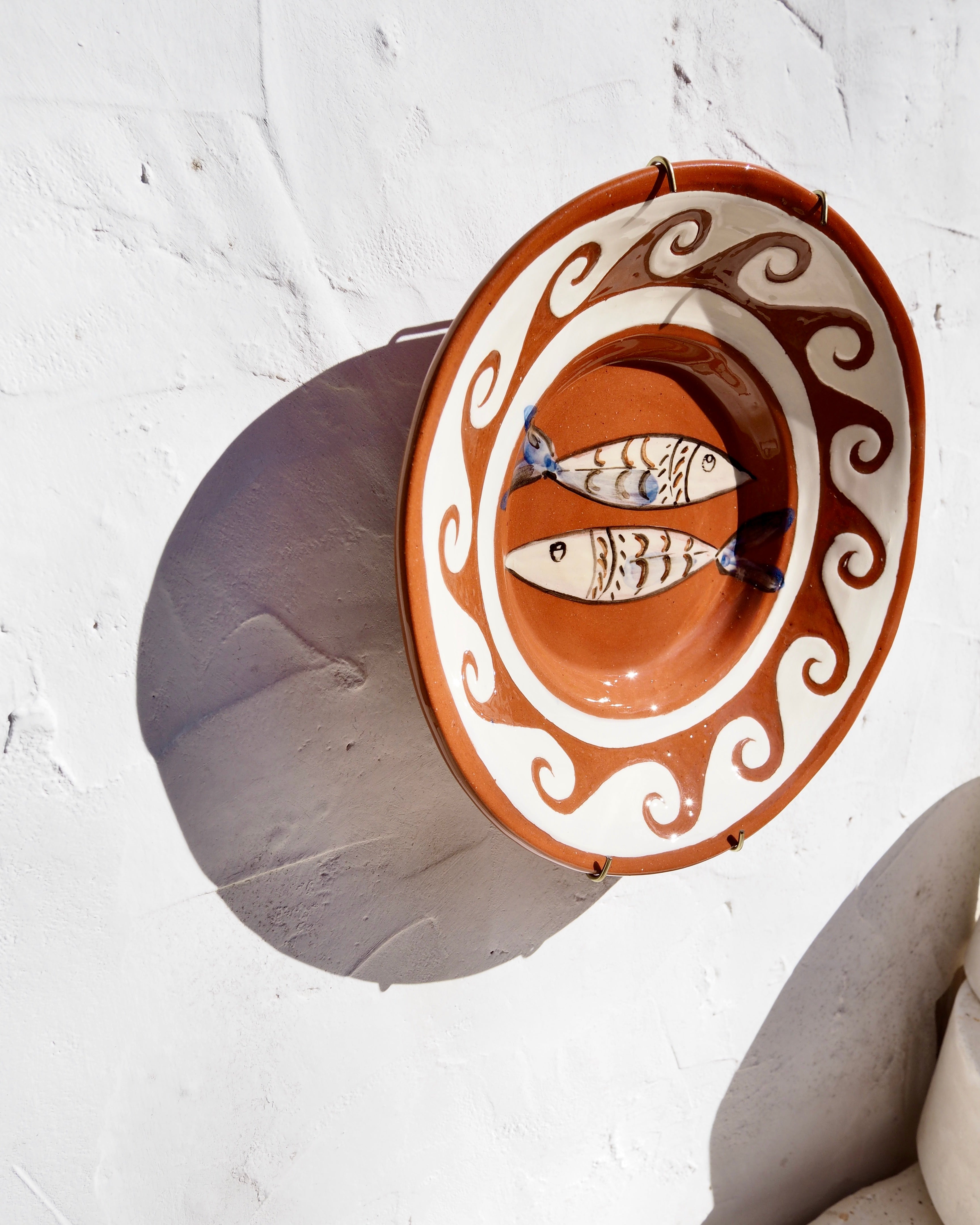 Puglia Plate - Carved border detail with fish and brass wall hook